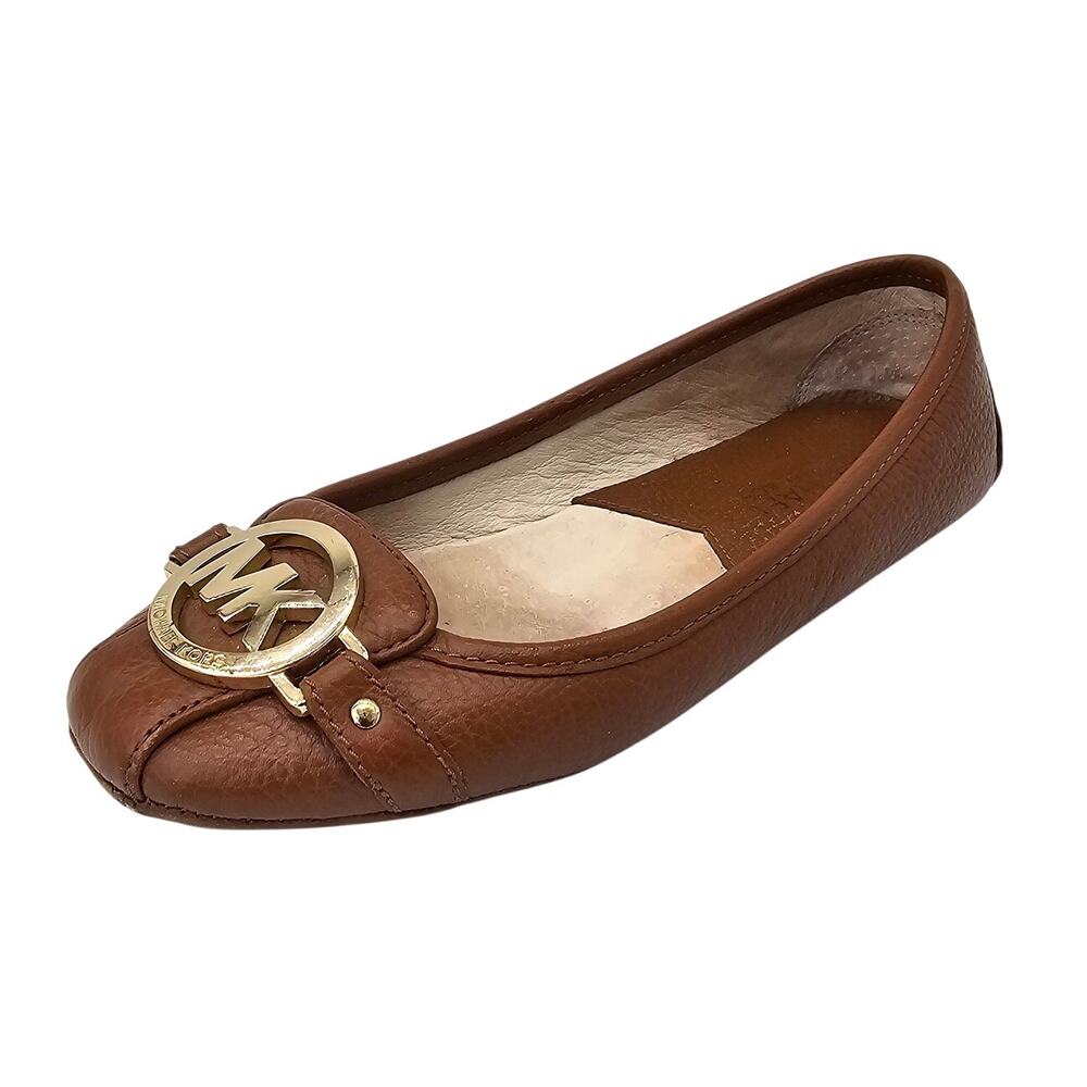 Michael Kors Fulton Moc Flats Brown Pebbled Leather Gold Metal Logo Women's 9.5M